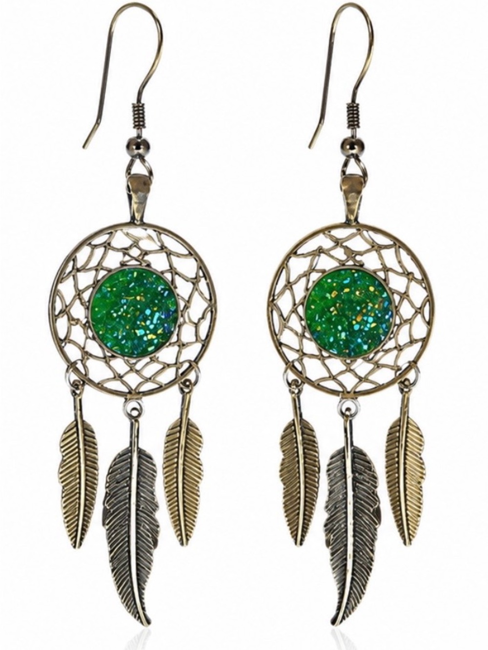 Boho Dreamcatcher Feather Dangle Earrings Green Cabochon